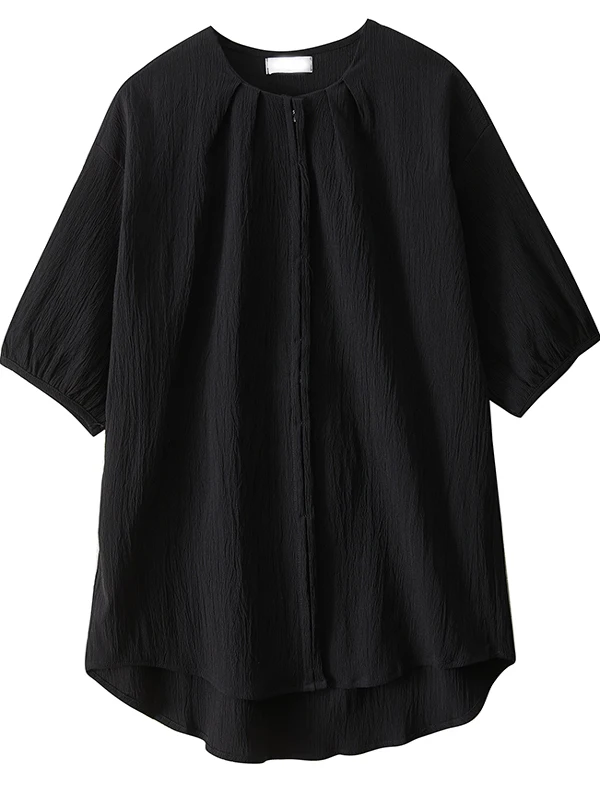 

Women's ort Sve irt round Ne Pleated Design Pure Color Button Korean Sle Top Slimming Effect Summer New Arrival