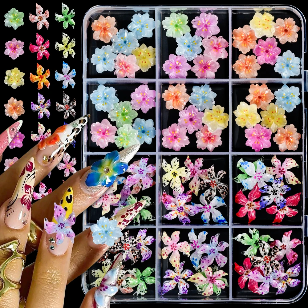 

1Box Mixed Acrylic Soft Spotted Flower Nail Art Decorations 3D Colored Resin Crystal Floral Cherry Blossom Nail Charms DIY Acces