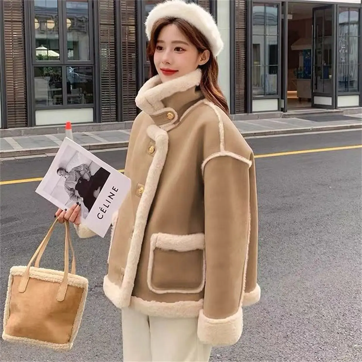 Fur All-In-One Jacket Autumn Winter New Style Small Fragrance Lamb Wool Thickened Lapel Loose Niche Long-Sleeved Jacket