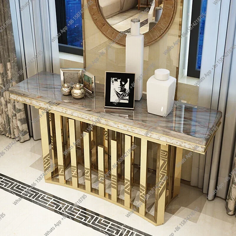 SS MANBAS Dining Side Table With Sticking Seashells, Natural Marble Stainless Steel End Table, Handmade Coastal Style Furniture
