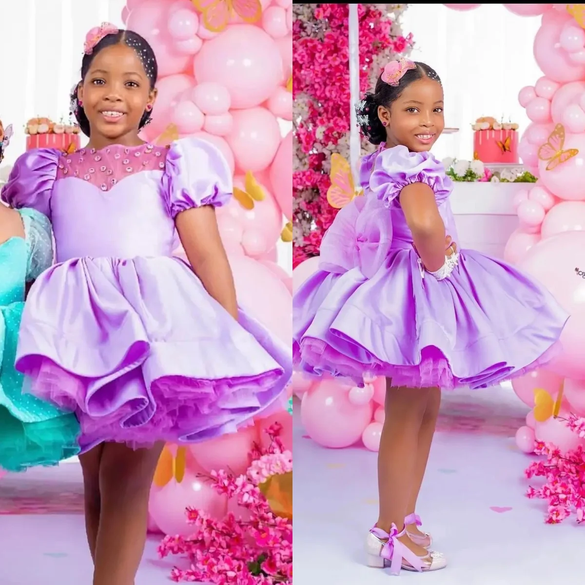 فساتين فتاة الزهور الأرجوانية لحفلات الزفاف مع فيونكة بطول الركبة، فستان عيد ميلاد للفتيات لالتقاط الصور، فستان التواصل الأول حسب الطلب