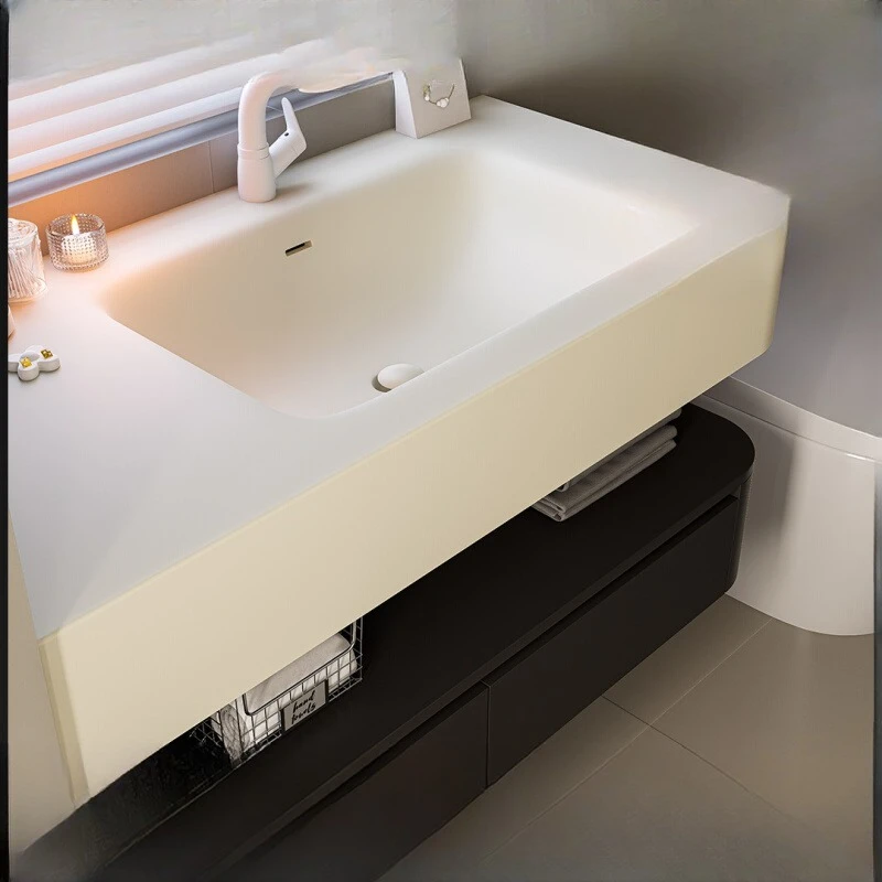 

Vanilla Corian integrated basin bathroom cabinet combination oak paint hotel style bathroom washbasin