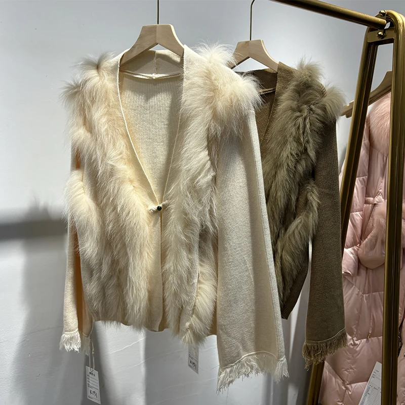 2025 Winter Women Coffee Real Fox Fur Sweater Natural Fur Spring Knitted Jacket Wear
