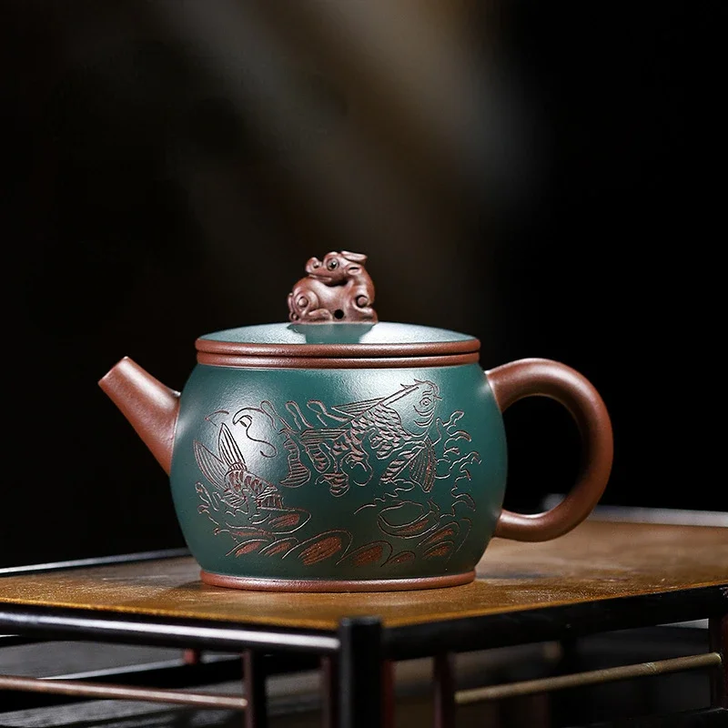 

Original Ore Purple Clay Dual Color Purple Clay Teapot, Fully Handmade Dragon Tile Teapot Big Mouth Kung Fu Tea Set