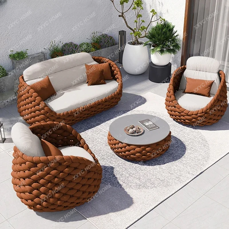 Courtyard Sunscreen and Waterproof Garden Terrace Leisure Balcony Braid Rope Rattan Chair Outdoor Rattan Recliner Combination