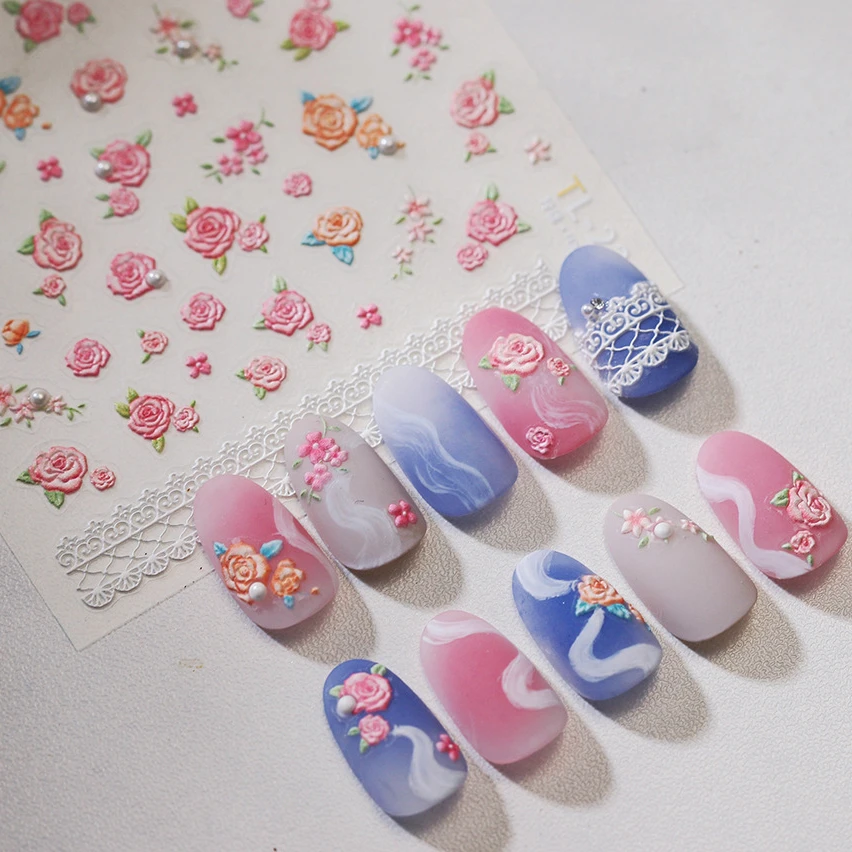 

Pink Orange Rose Pearl Adhesive Nail Art Decorations Sticker Hydrangea Camellia Flower Bowknot Ribbon Manicure Decals Wholesale