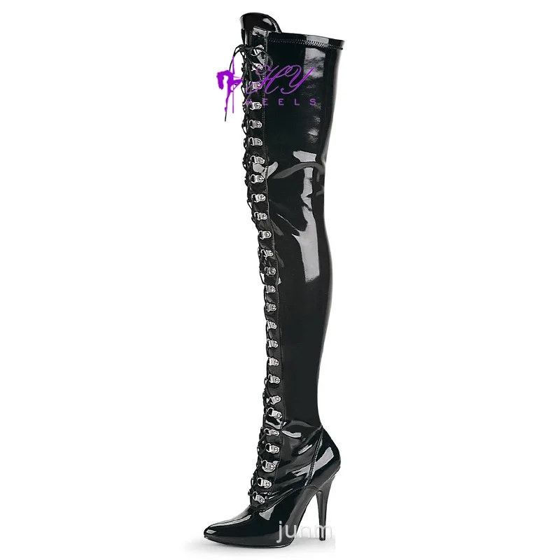 CACA 12CM Women Thigh Boots,Pole Dancing Shoes,Men Cosplay High Heels Botas,Pointed Toe,Front Laces,DIY,Big 44,45,46,Dropship