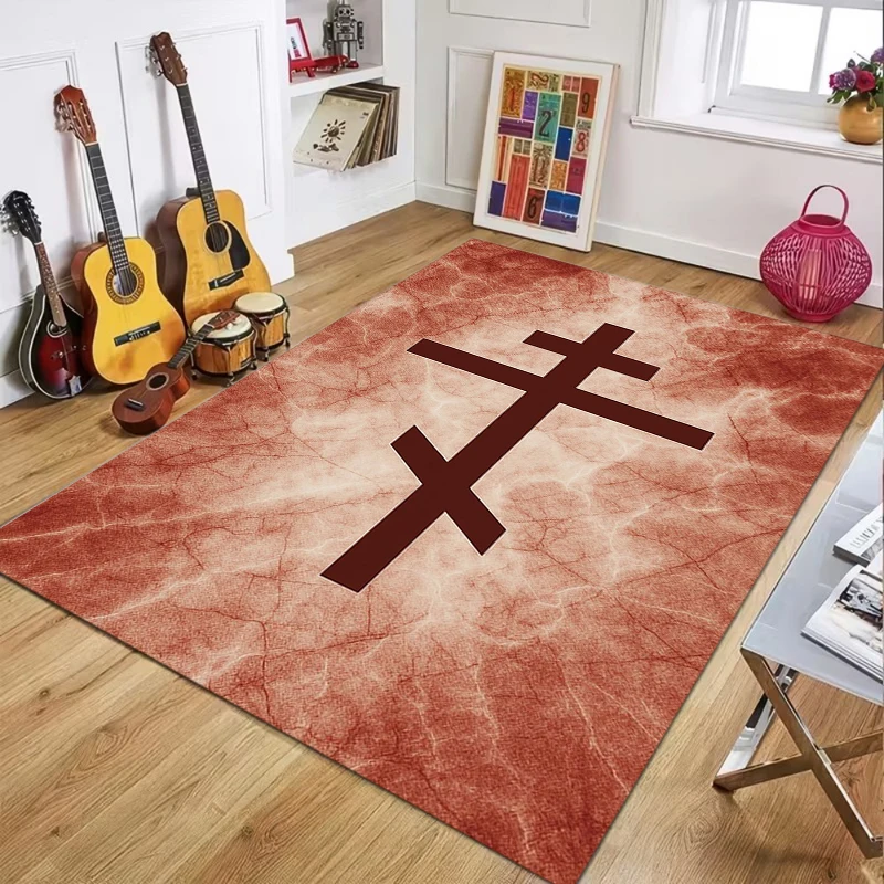 Eastern Orthodox Cross Area Rug Frost Marble Texture Christian Religious Decorative Floor Mat for Living Room Bedroom Home Decor