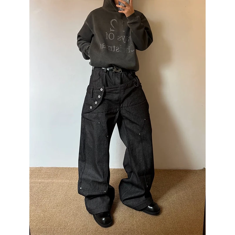 Men's Curved Hem Jeans Double Waistband Diagonal Patchwork Design Unique Niche Loose Wide-Leg Pants High Street