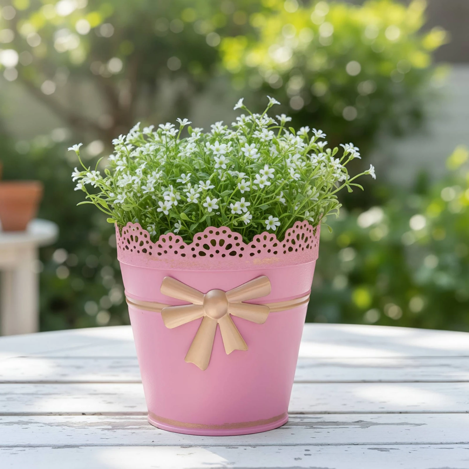Metal Planter Pot Farmhouse Planter with Lace Rim Pot with Bow Ornament Tapered Gardening Container Outdoor for Gardeners