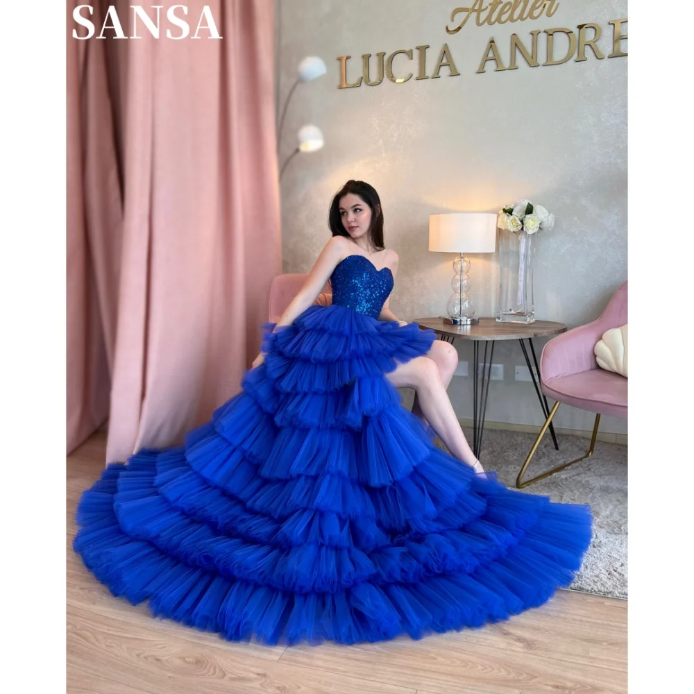 Sansa Exquisite A-line Multilayer Lace Porm Dress Customized Floor-Length Strapless Wedding Dress Sleeveless Vestidos De Fiesta