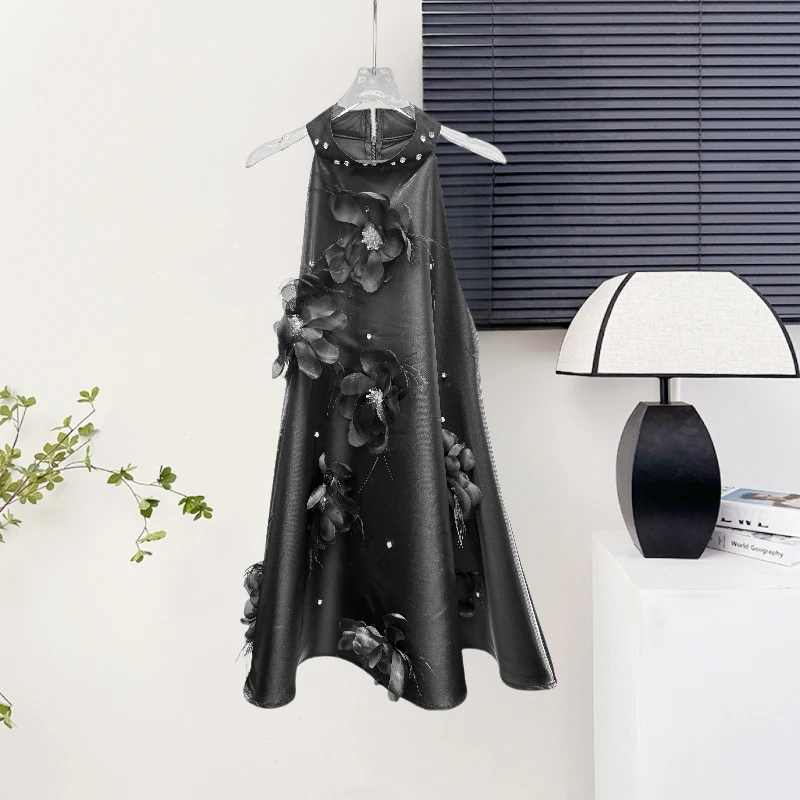 Nouveau, été, européen, vêtements, une ligne Mini, robe, femmes, Chic, Sexy, épissé, fleurs tridimensionnelles, diamants, sans manches, hauts, 55061
