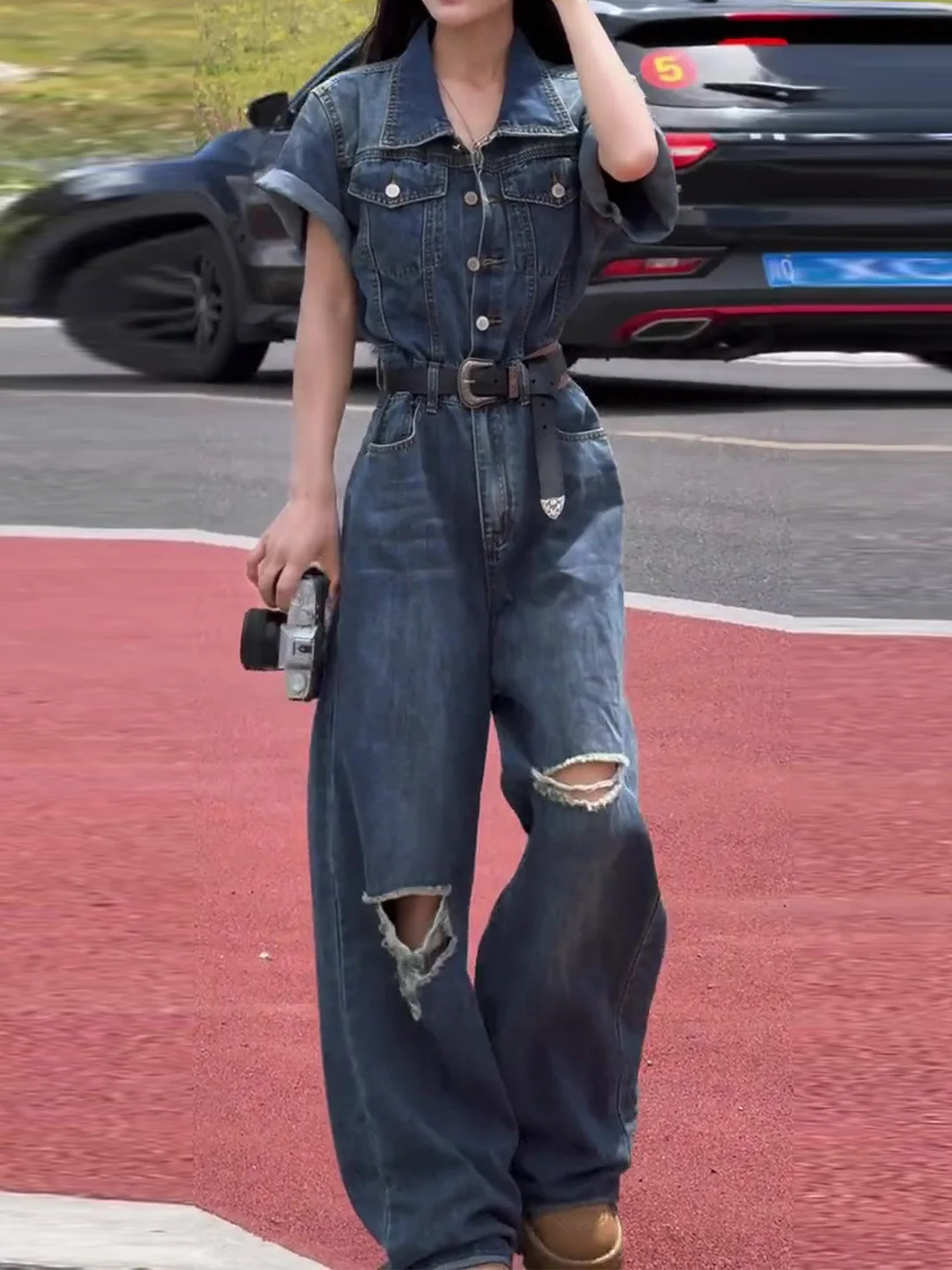 

Утягивающий комплект широких брюк, джинсы с талией в американском стиле ретро, свободный крой, дизайн с дырками, повседневные удобные брюки с высокой талией