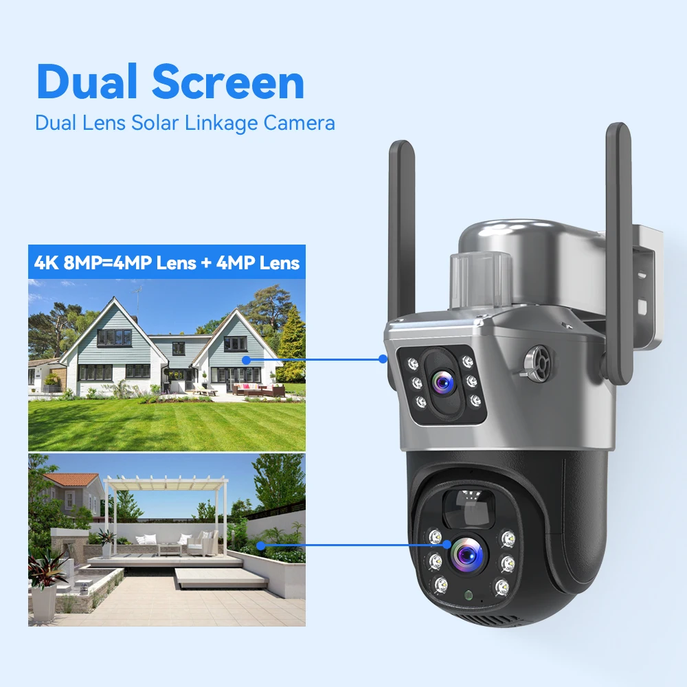 Imagem -02 - Câmera Solar Outdoor Dual Lens Dual Screen Segurança-proteção ip Externo Cctv Cam Cam sem Fio Wifi Vigilância Cam 4g Solar Câmeracâmera com Placa Solar 4k 8mp 4g