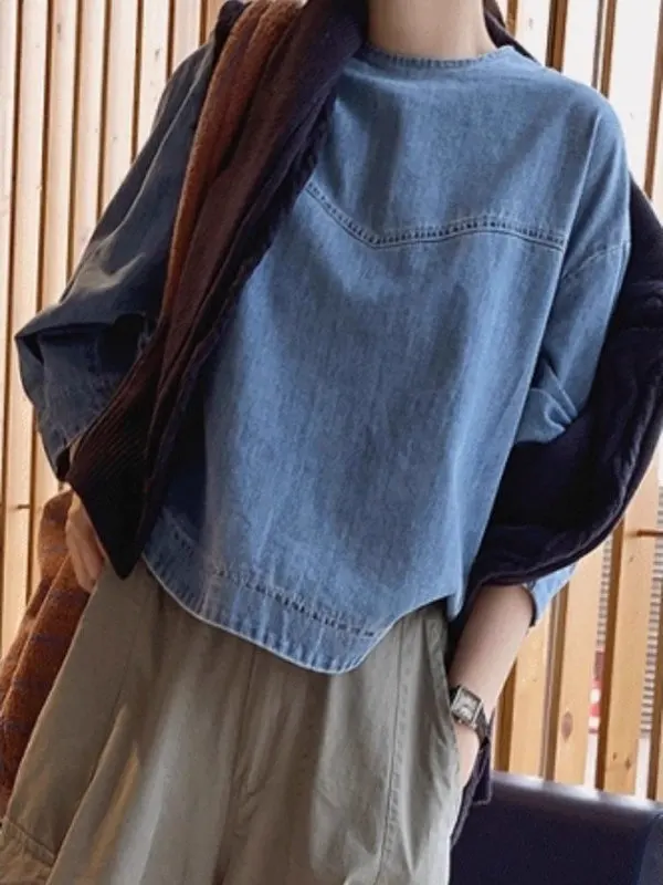 

Loose Fit Waed Denim Overhead irt round Ne ex Spring Autumn Large Size 300 Pou Simple Korean Retro Sle Jeans