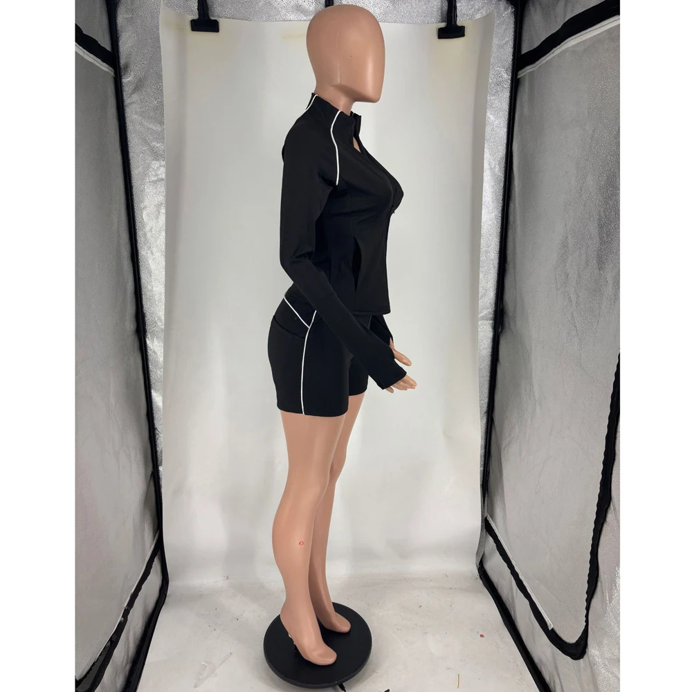 Lässige Sportbekleidung 2-teiliges Set Damen Trainingsanzug Langarm Reißverschluss-Jacke und Hochgeschnittene Radlerhose Passende Outfits Set – Detail 7
