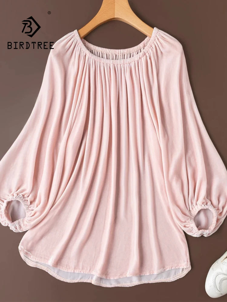 BirdTree-Silk Velvet Elegant T-Shirt, O Neck Lantern Sleeve Solid, Women French Versatile Retro Loose Tops, 2026 Autumn T69261CC
