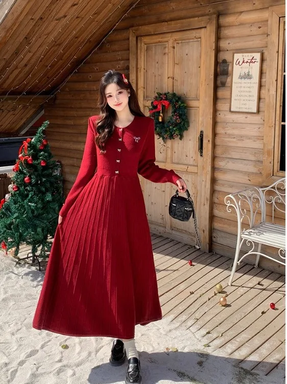 

plus Size Women's Sweet Sle Red Knitted A-Line Dr High Waist Long Skirt Korean Version Winter Commute Faion