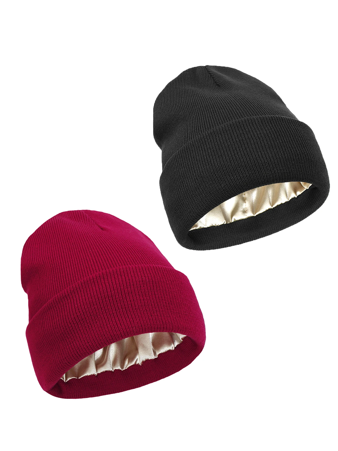 2Pcs Unisex Satin Lined Knit Beanie Hat Acrylic Winter Hats for Women Silk Lining Soft Slouchy Warm Cuffed SKullies Cap Men