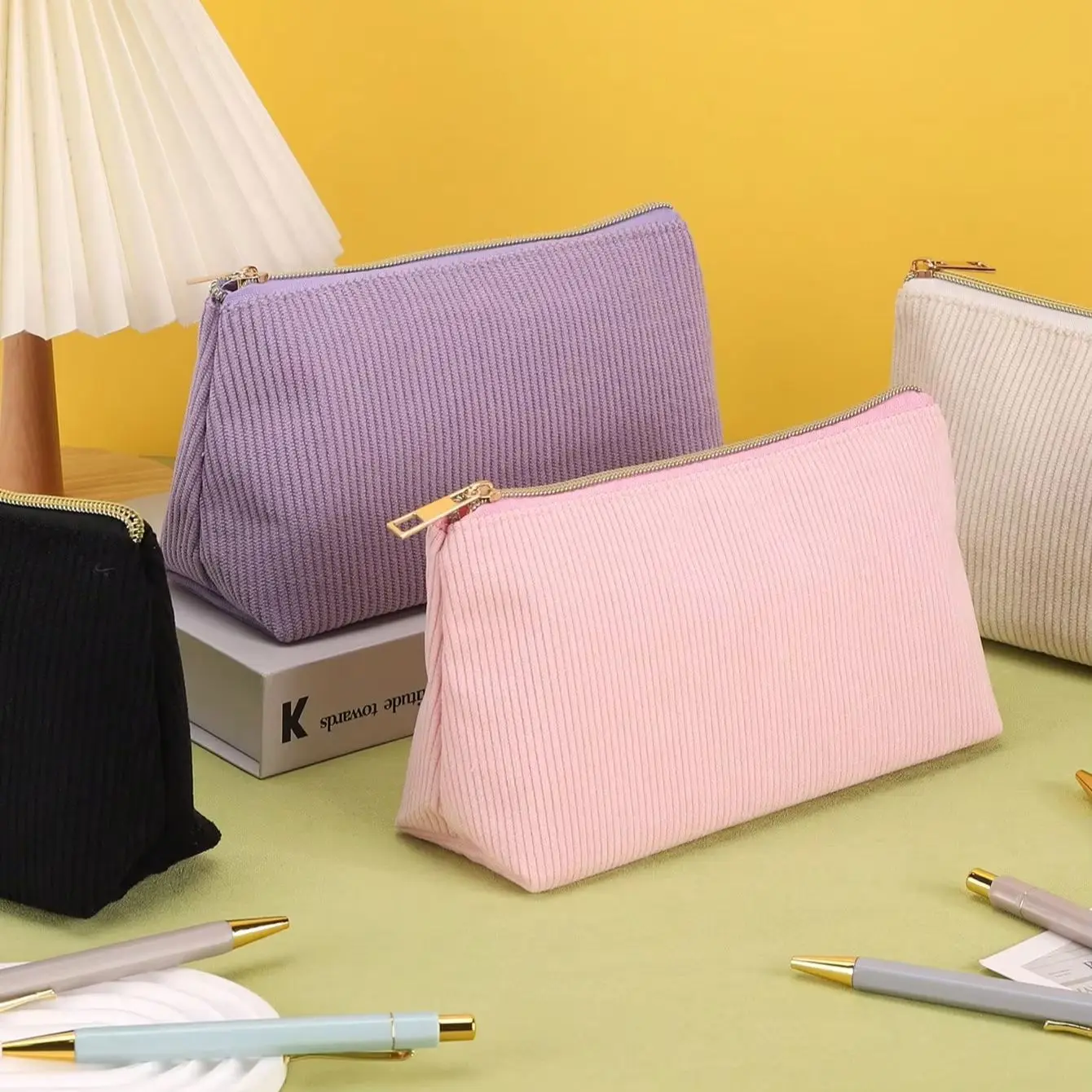 Corduroy Triangle Pencil Case, Solid Color Large Capacity Kawaii Stationery Pouch, Minimalist Zipper Storage Bag, Back to School