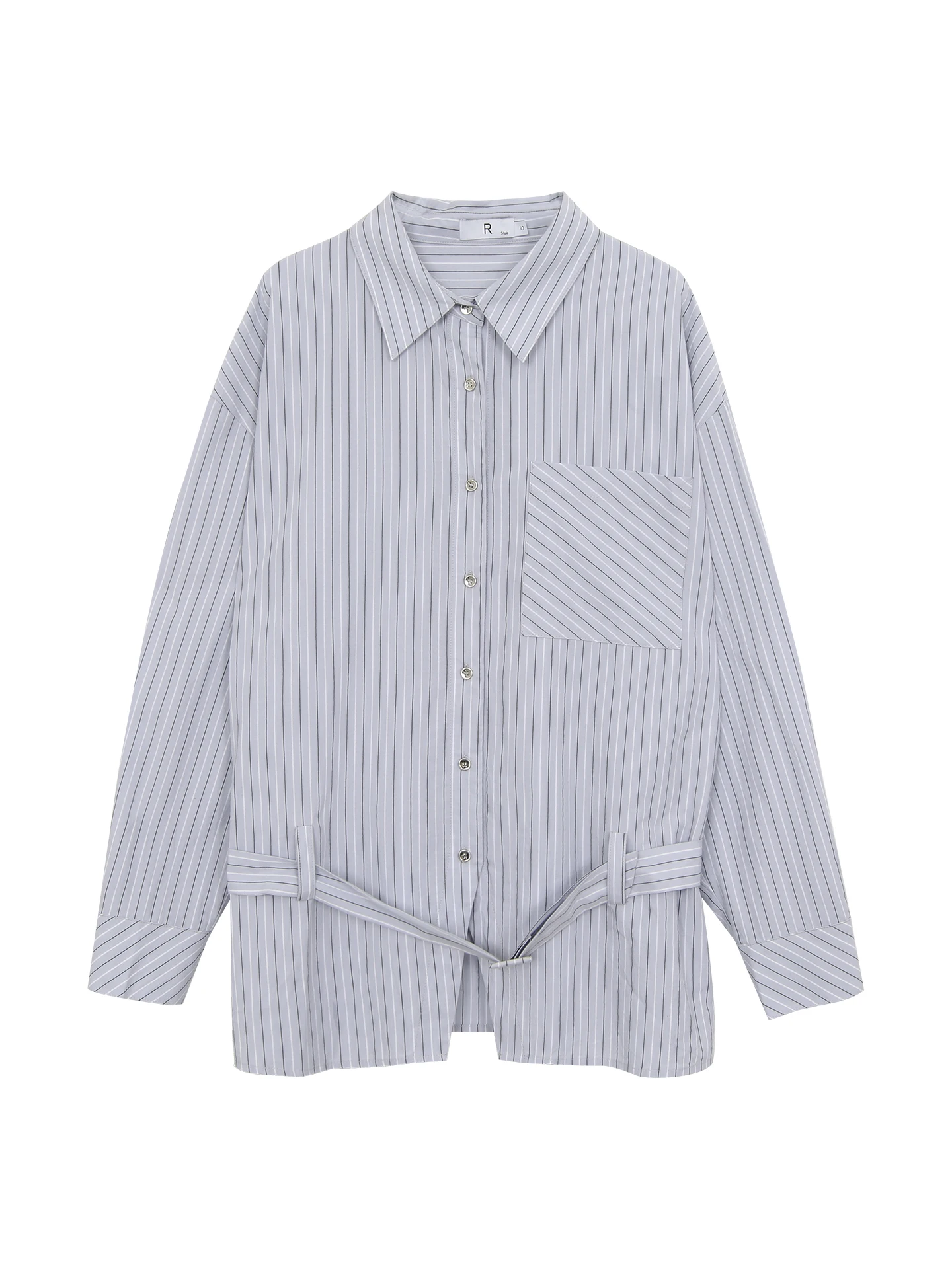 قميص نسائي فضفاض بأكمام طويلة وخطوط زرقاء، ملابس خارجية للخريف، تصميم راقٍ وفريد وأنيق من مزيج القطن بياقة بولو #4