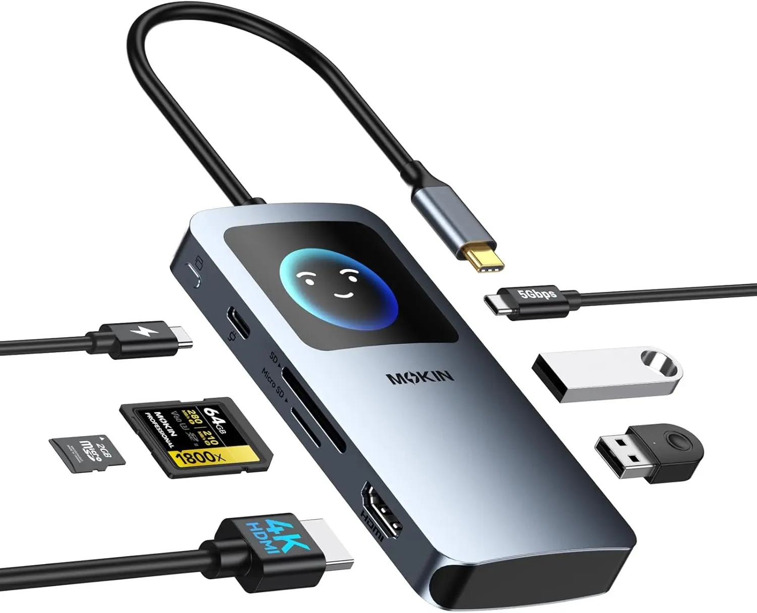 

7-in-1 USB C Hub, 4K@60Hz Smart LED Docking Station with HDMI, PD 100W, 2 USB-A 3.0, USB-C 3.0, SD/TF Card Reader for Laptops