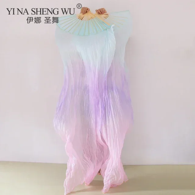 100% Silk Belly Dance Silk Fan Veil Bamboo Folding Fan Veils Stage Show Props Tie-Dyed Fan Customized Color Hand Made Dyed Fans