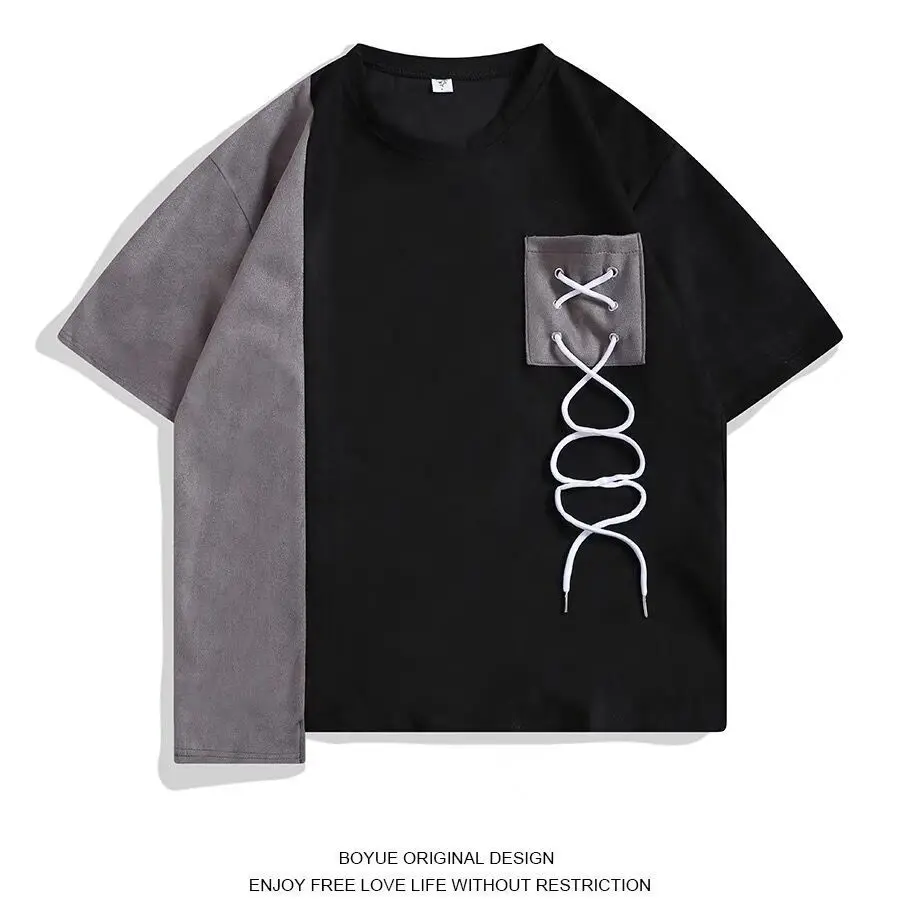 Irregular Splicing Contrasting Color Short-sleeved T-shirt for Men Summer Drawstrings Handsome Couple Casual Five-point Sleeves