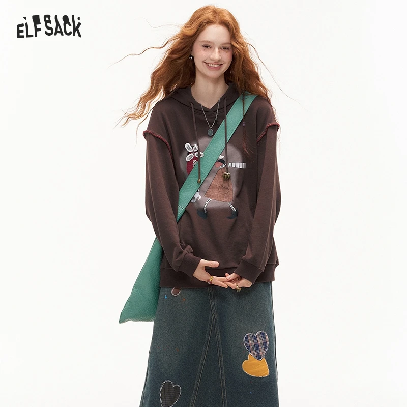 ELFSACK 2024 Autumn New Arrivals Fun Print Casual Hoodie for Women Loose Thin Sweatshirt