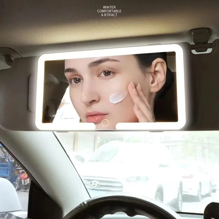 Large Screen Car Vanity Mirror Rechargeable Touch Sensor Cosmetic Mirror 3 Led Light Modes Stepless Dimming Visor Makeup Mirror