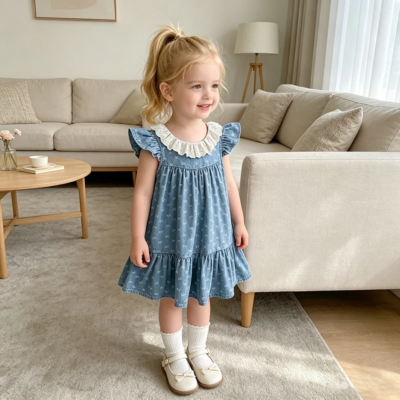 2026 Neue Sommer 2-6 Jahre Kinder Prinzessinnen-Kleider mit Kurzen Ärmeln Einfarbig Schwesterkleidung Baumwolle Baby Geburtstag Party Spitzenkleid