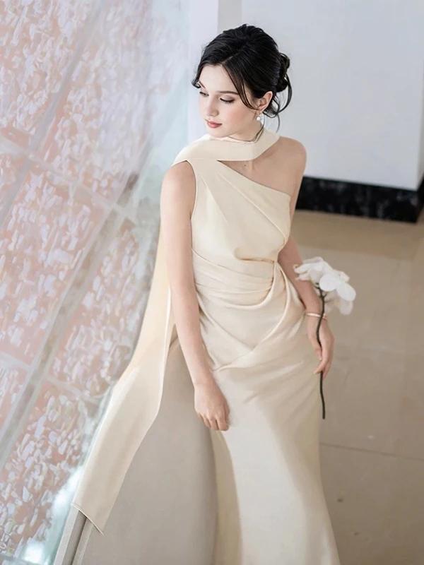 

Ele Satin Fi Tail Evening Gown Engagement Dr Single oulder Sle Wedding Dr Light Luxury Performance Costume