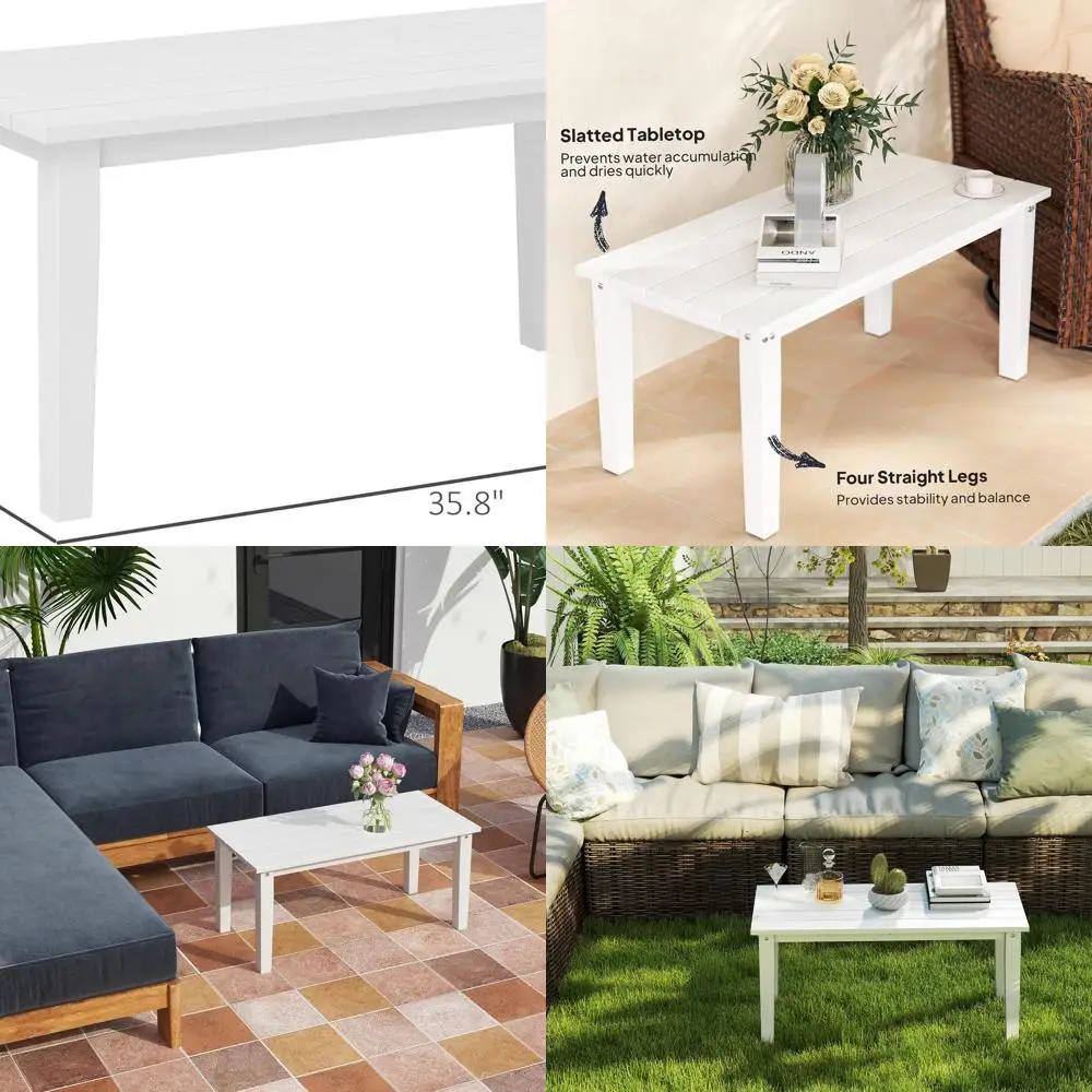 طاولة قهوة مستطيلة الشكل HDPE مقاومة للطقس مع سطح شرائحي للمساحات الخارجية باللون الأبيض