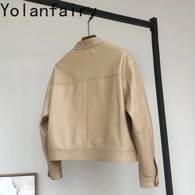 YOLANFAIRY Leder Damen Jacke Echtem Schaffell Outwears Frühling Herbst Kurze Stehkragen Motorrad Jacke Casual Mäntel Neue