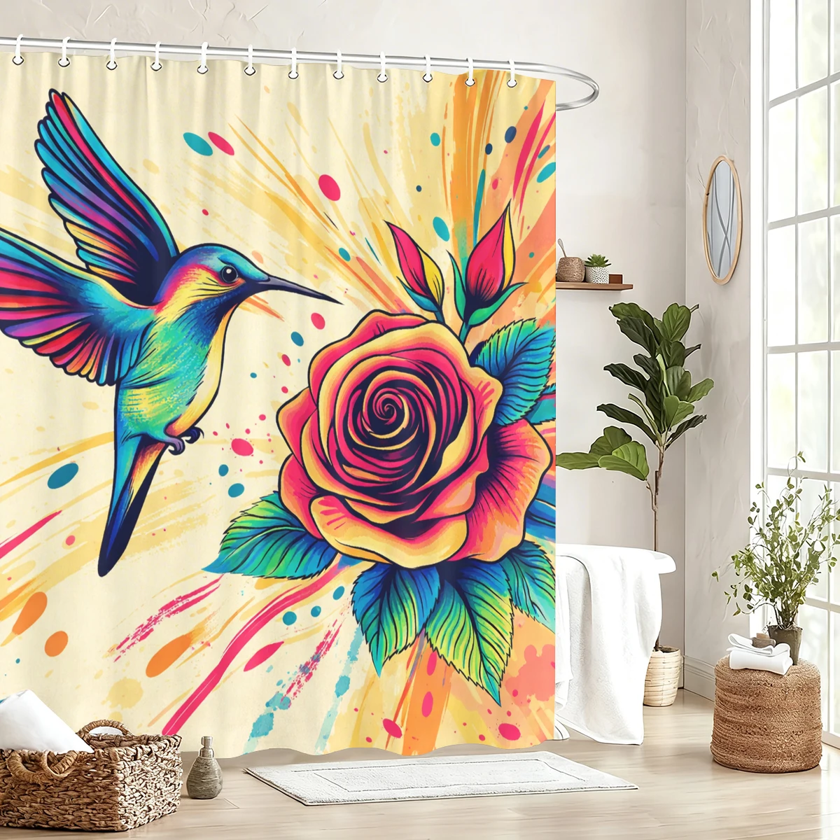 Vibrant Themed Polyester Shower Curtains - 2D Printed Decorative Bathroom Curtains with Flamingo, Tower & Hummingbird Designs