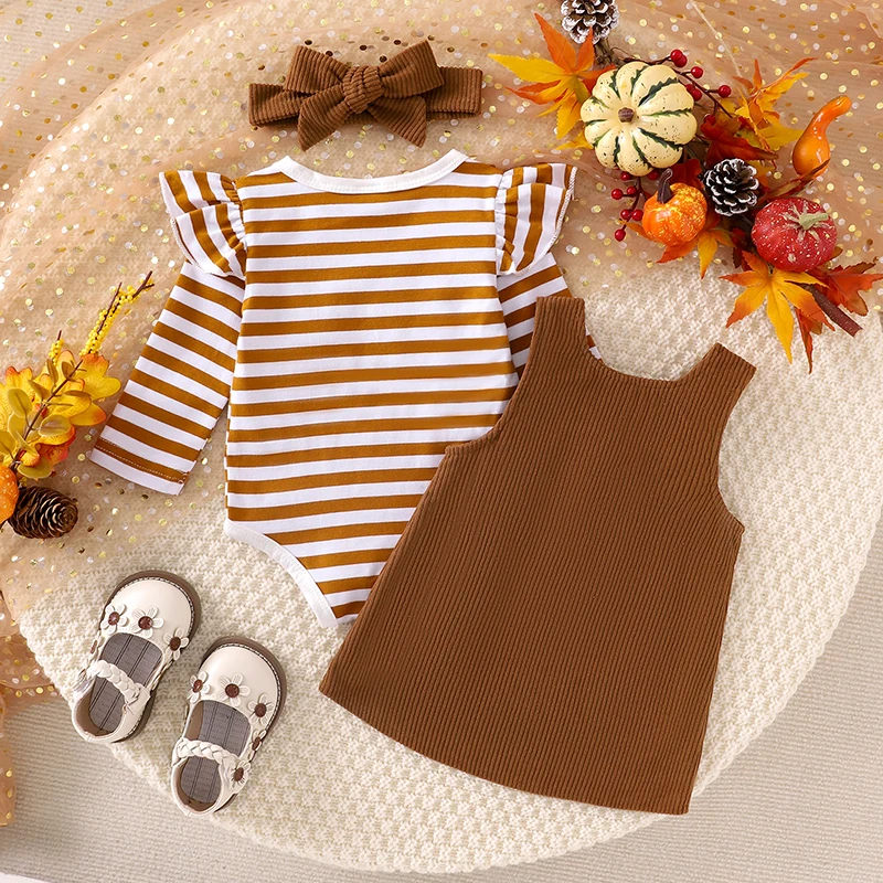 2024-05-18 Lioraitiin Baby Girl Thanksgiving Outfits Stripe Long Sleeve Romper Turkey Embroidery Overalls Dress Headband Set