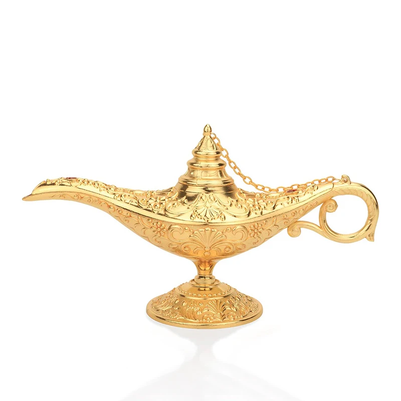 

Classic Aladding Magic Genie Lamp Wishing Light Costume Lamp Metal Carved Incense Burner for Home Tabletop Decoration 21*11cm