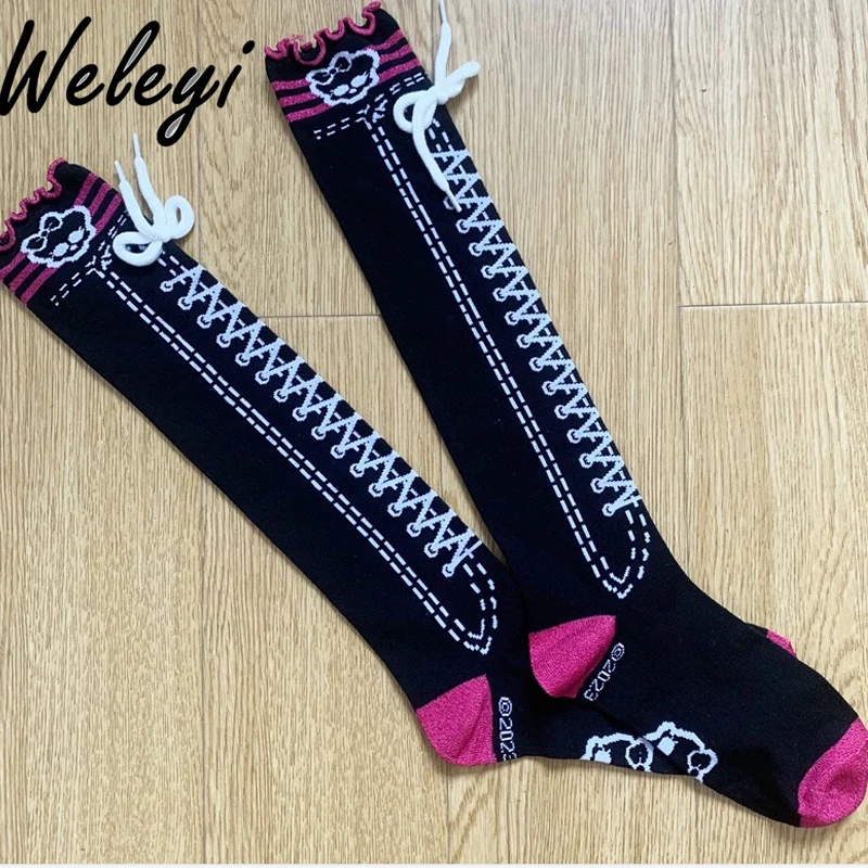 

Japanese Lolita Shoelaces Medium Tube Socks Harajuku Sweet Cute Girl Black Strap Calf Socks Cos Party and Knee Stockings Female