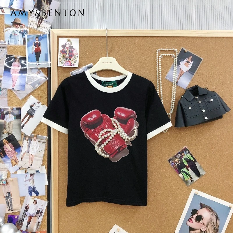 

Retro Casual Heavy Beaded T Shirts Boxing Gloves Graphic Print Black Short Sleeves Top Crew Neck Stylish Tees Women's Daily Wear