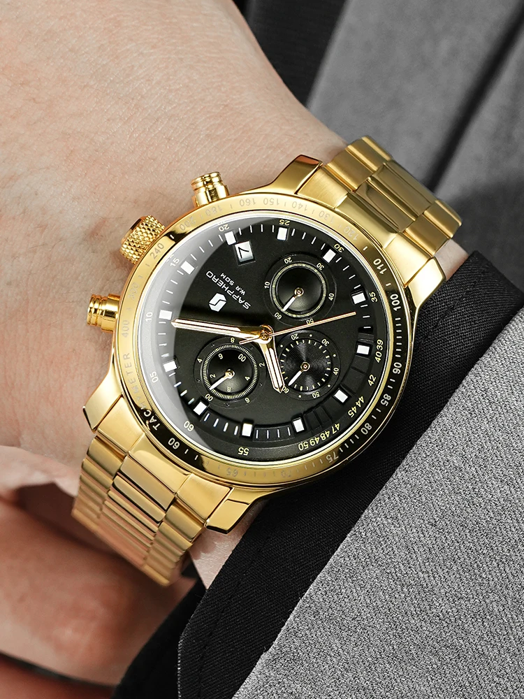 SAPPHERO ساعات رجالية ماركات فاخرة ساعات ستانلس ستيل ذهبية كوارتز مقاومة للماء ساعات أنيقة يؤرخ الساعات على مدار الساعة