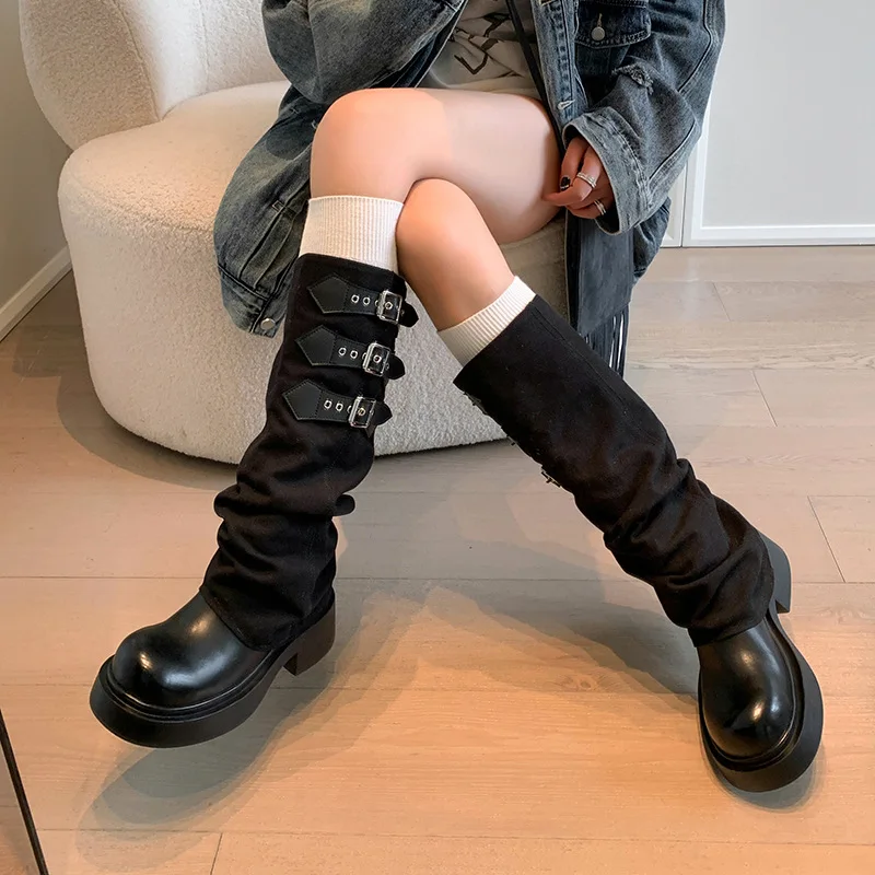 Arden Furtado Cowhide Platform Trouser legs boots Round toe Pull-on Turned-over Edge Middle heel Belt buckle Knee high boots