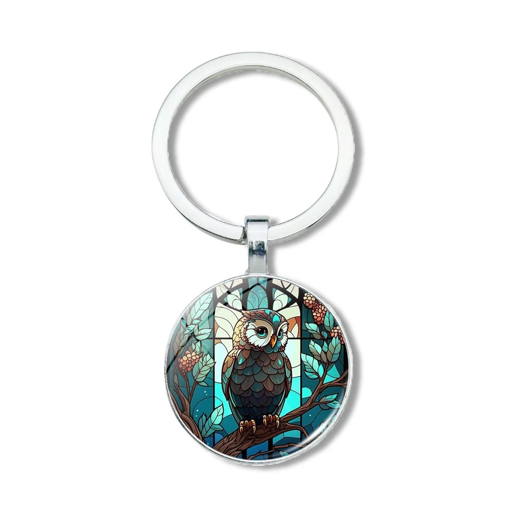 1pc Owl Pattern Time Gem Round Pendant Keychain, For Men Women