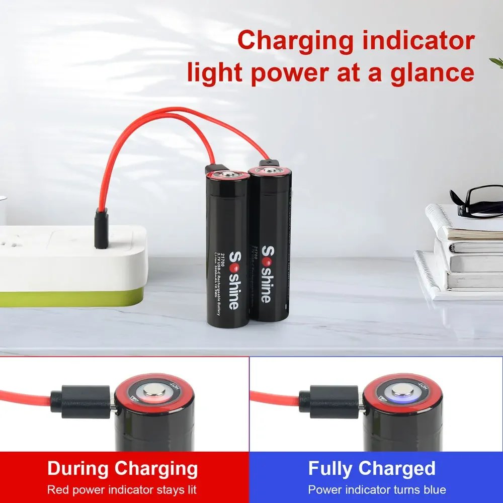 Soshine USB 21700 بطارية ليثيوم 3.7 فولت 21700 5000 مللي أمبير بطارية قابلة للشحن سعة كبيرة بطارية ليثيوم أيون مع شحن USB من النوع C