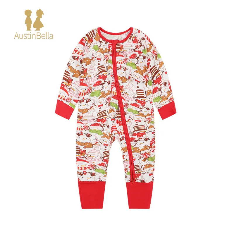 0-24M Newborn Baby Boys Girls Cute Romper Cartoon Christmas Red Jumpsuit Bamboo Fiber Long Sleeve Front Zipper Bodysuit