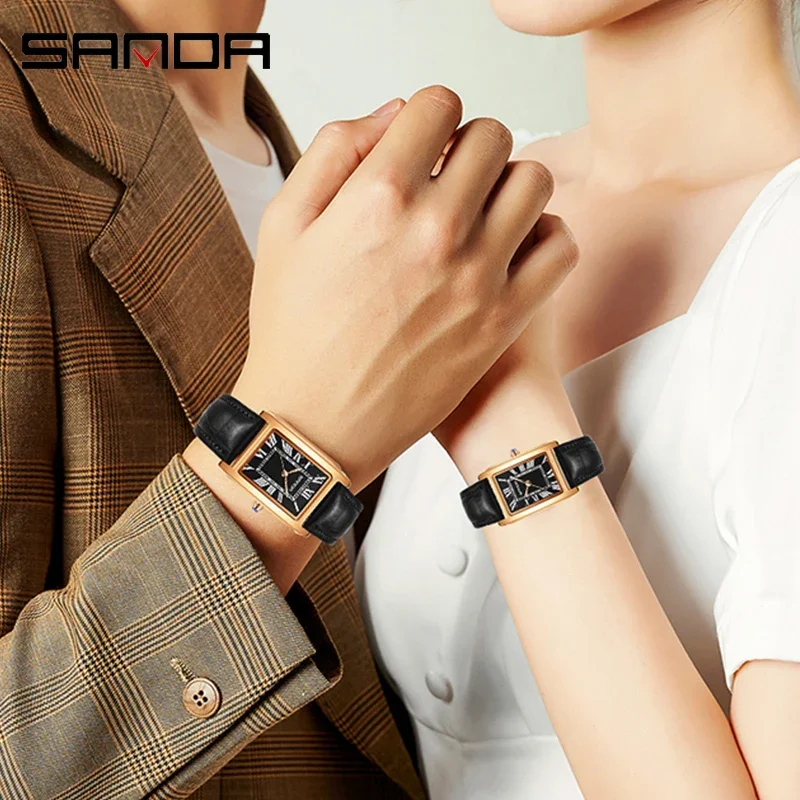 SANDA 럭셔리 탱크 커플 시계 내마 모성 가죽 스트랩 스퀘어 다이얼 30M 방수 스포츠 캐주얼 여성 남성 쿼츠 시계