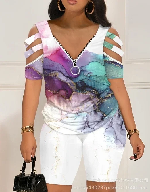 

CPSYMYM Spring Summer Latest Women's Casual Suits Rainbow Ombre Denim Look Print Cold Shoulder Short Sleeve Cutout Top & Sho