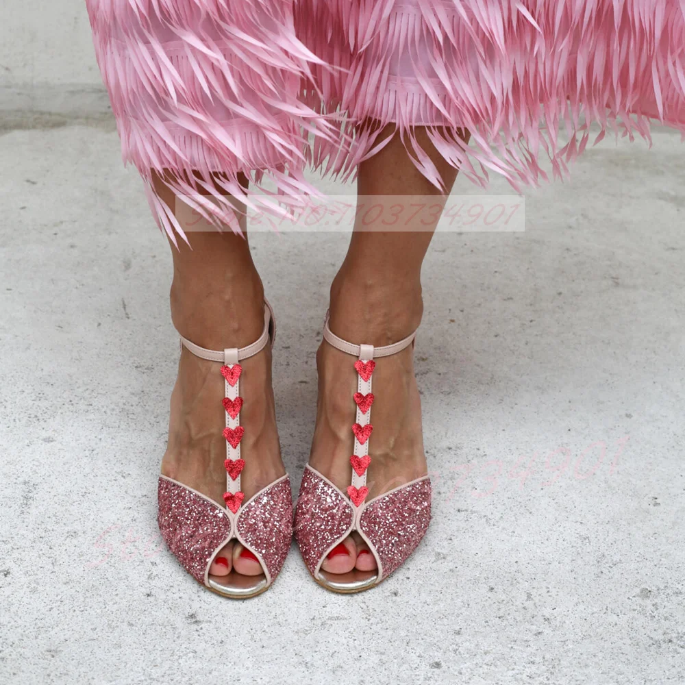 Pink Glitter Heart-Shaped Heeled Sandals Women T-bar Peep Toe Cover Heel Shoes Lady Fashion Party Ankle Strap Shiny Sandals