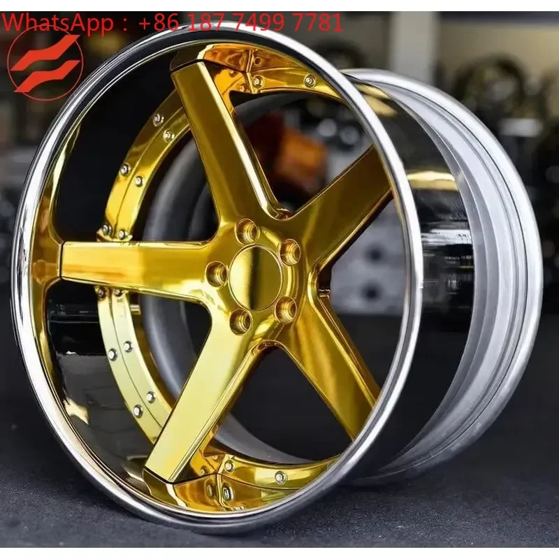 Custom 5-Spoke Forged Alloy Wheel Rim Gold Center Polished Deep Lip Multi-Piece Style OEM Manufacturer