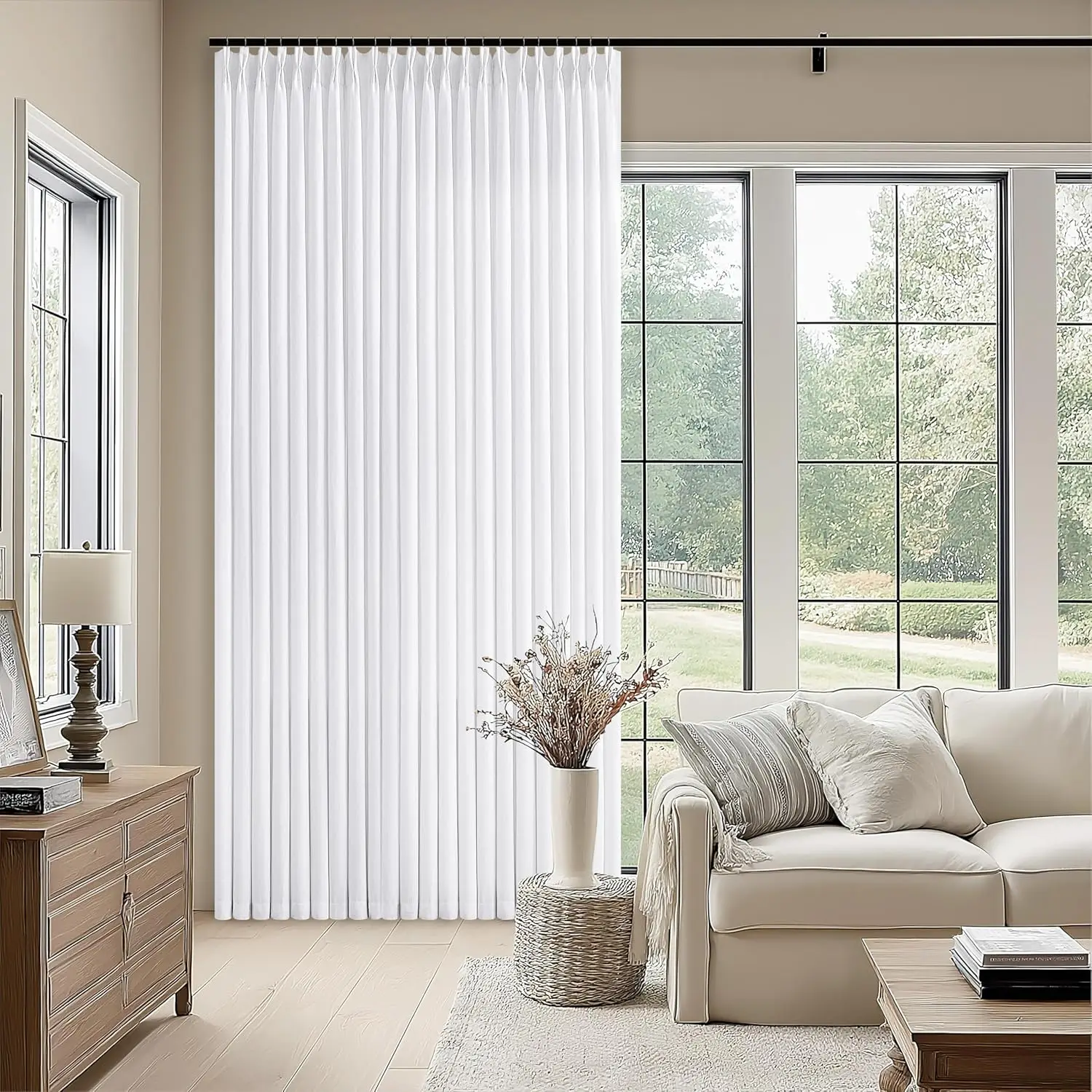 

Wide Pinch Pleat White Linen Curtains 70x96 Inches for Large Windows, Semi-Sheer with Hooks & Rings