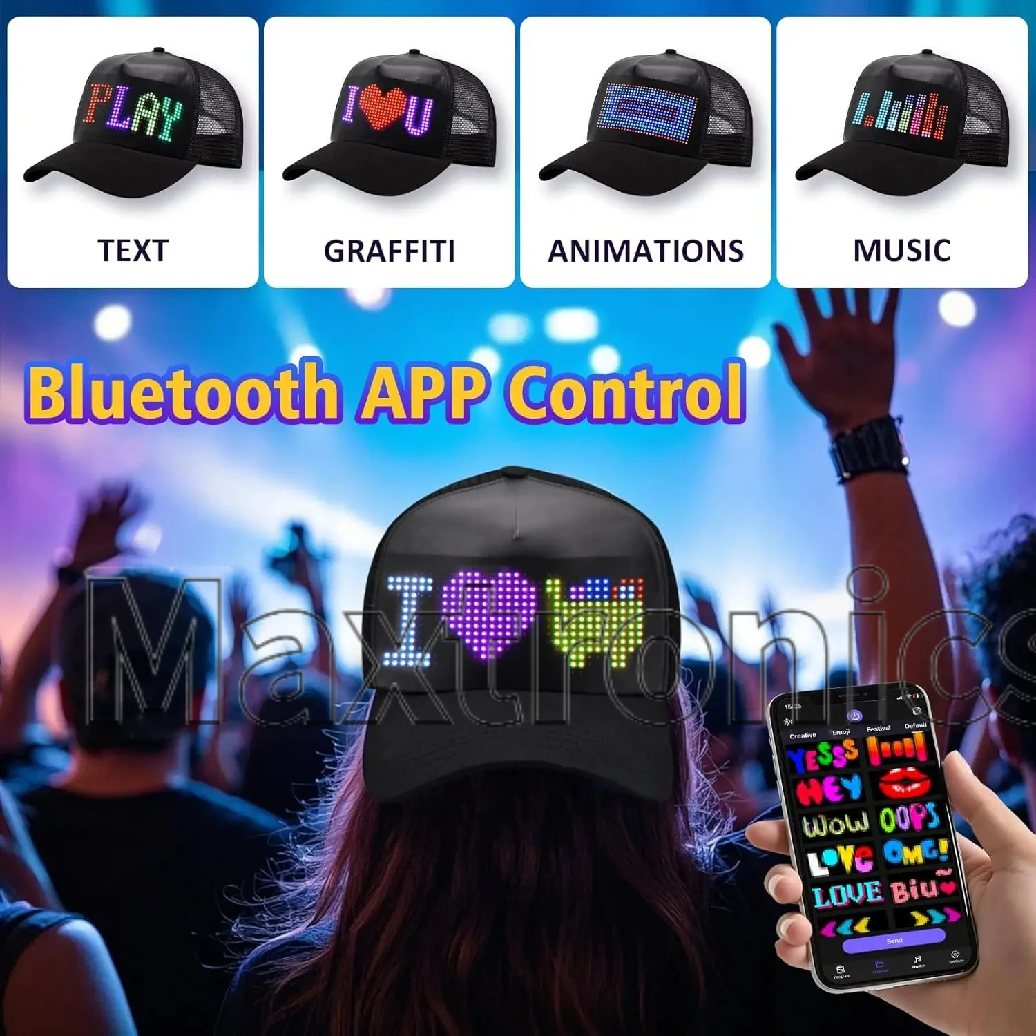 

Многоязычная светодиодная бейсболка с Bluetooth-управлением, перезаряжаемая, программируемая, с бегущей строкой и атмосферной подсветкой для мужчин и женщин, для вечеринок